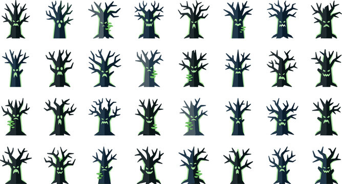 Halloween spooky tree vector icon set featuring dark black silhouette creepy trees with glowing green scary faces bare branches and haunted forest design elements.