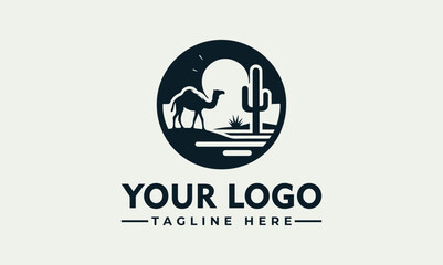 Obraz premium A serene desert landscape illustration features a camel, cactus, and sunset.