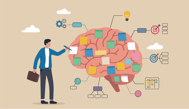 memo brainstorm scrum sticky notes productive plan memory or task reminder, mind map for work arrangement, thought and wisdom concept, businessman human brain