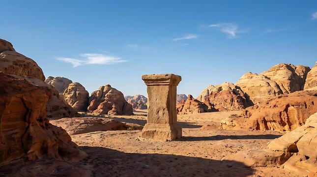 Ancient stone monument standing amid desert rock formations under clear sky