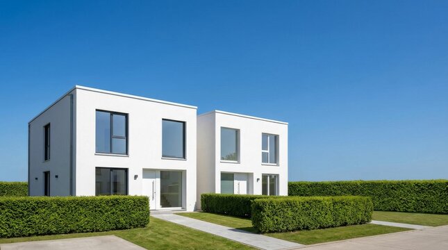Modern minimalist white duplex houses against clear blue sky.