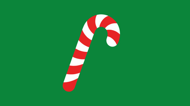A red and white striped candy cane stands upright against a solid green background