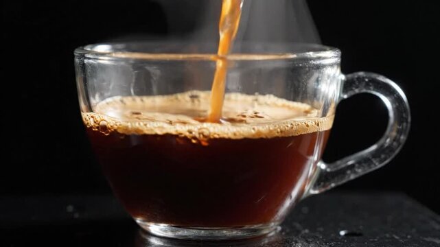 Hot tea glass cup steam pouring black background warm drink beverage, amber liquid filling transparent mug, frothy surface, handle detail, fresh brewed aroma, closeup kitchen scene with reflective