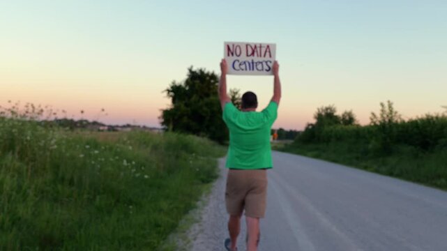 Middle-aged man holding handmade No Data Centers placard peaceful protest in Midwestern United Stated rural field near industrial area