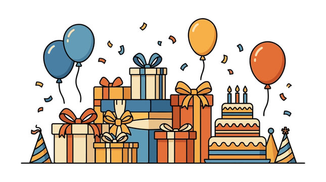 Colorful birthday party gifts and cake with balloons