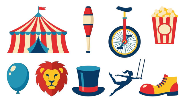 Colorful collection of classic circus show elements and entertainment icons