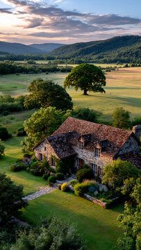 A drone view of an old farm among fields and gardens