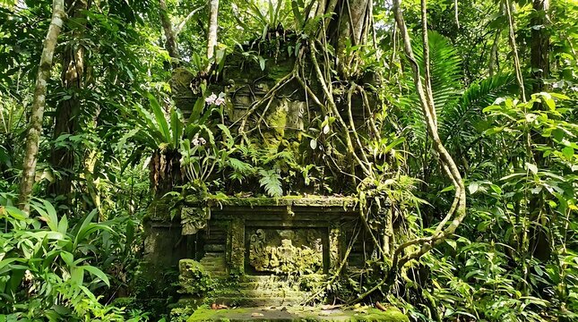 Ancient stone structure overgrown by tropical jungle vegetation