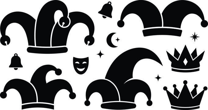 Jester Hat and Crown Icon Set with Silhouette Symbols of Medieval Fool Caps, Comedy Mask, and Royal Headwear for Carnival Vector Designs