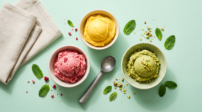Overhead View of Three Gelato Bowls on Mint Green Surface Summer