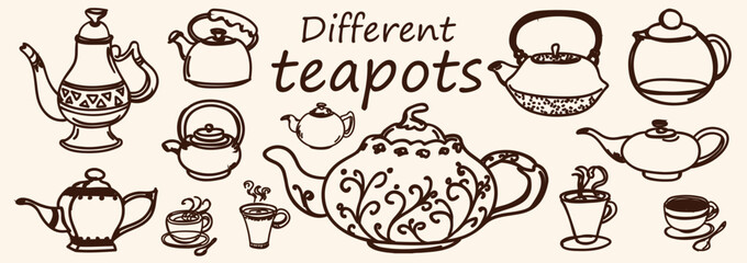 Obraz premium Hand drawn Different teapots vector elements set. line art .Vector illustration.