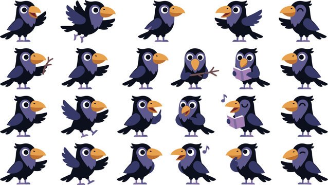 Cute cartoon crow character vector sticker sheet featuring dark purple raven or corvid bird illustrations in happy activities flying reading singing and holding little wooden sticks.