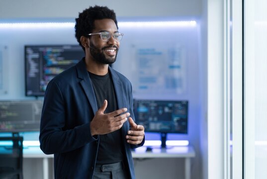 Young man standing in a modern tech office, presenting ideas