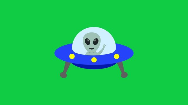 Cute Animated Sci-Fi Space Alien on UFO Waving
Hand Isolated on Green Screen