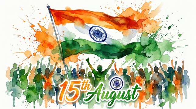 India Flag Watercolor Splatter Art with Celebrating Crowd & 15th August.