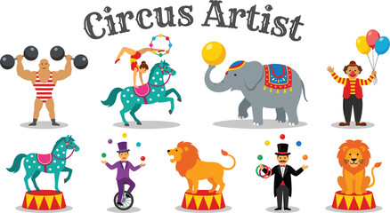 Flat Circus Performer Vector Icon Set with Strongman Acrobat Elephant Clown Juggler and Trained Lion Elements for Carnival Party and Event Designs © Hosneara