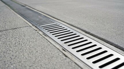 Fototapeta premium Metal trench drain grate installed in concrete sidewalk.