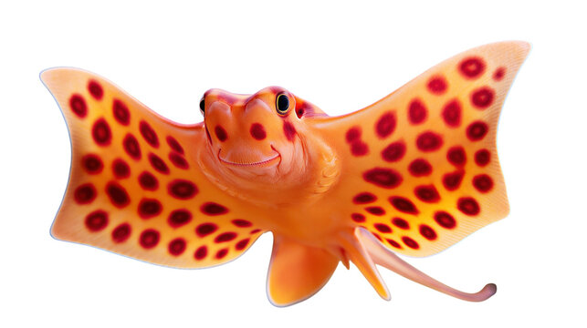 Cute orange spotted stingray fish with big eyes smiling face isolated on white background