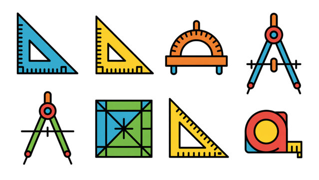 Set of colorful geometric compass and protractor icons with different shapes and angles Vector