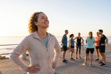 Fototapeta premium Happy woman smiling looking up, relaxing with diverse friends after outdoor morning run by ocean