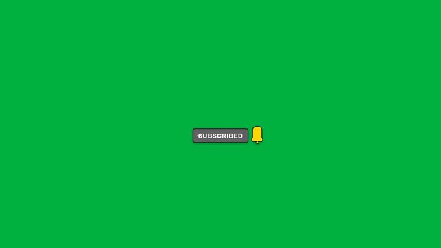 Animated 2D red subscribe button turning to subscribed with confetti and a ringing notification bell on a green screen.