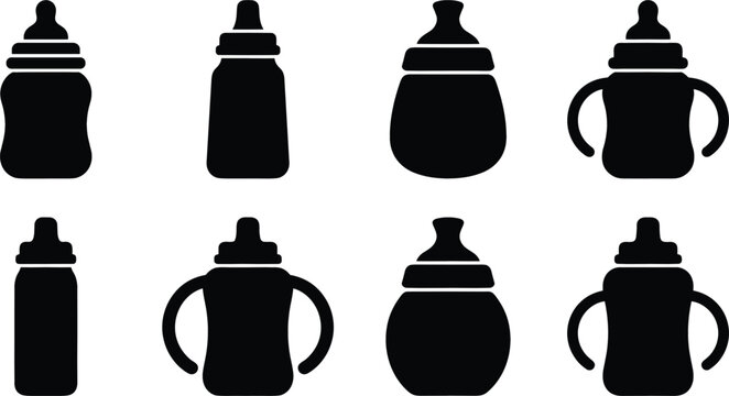 Baby Feeding Bottle Silhouette Icon Set Featuring Toddler Sippy Cups with Handles and Infantile Nursing Essentials for Motherhood and Parenting Graphic Designs