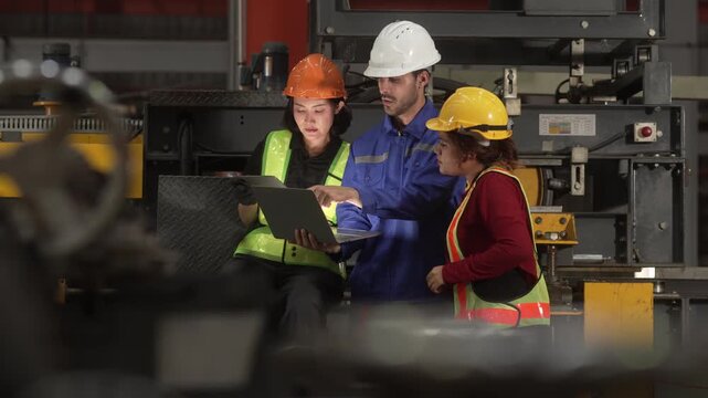 Professional engineers, supervisors and factory workers collaborate on the production floor while reviewing manufacturing operations with digital tablets. Diverse industrial workforce demonstrating te