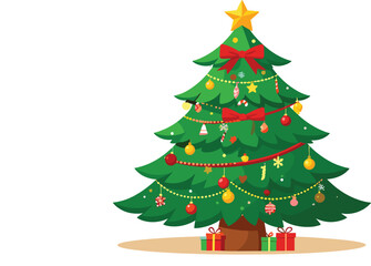 Obraz premium Decorated Christmas Tree with Golden Star Festive Ornaments Holiday Celebration Evergreen Pine Flat Vector Illustration Isolated on White BackgroundDecorated 