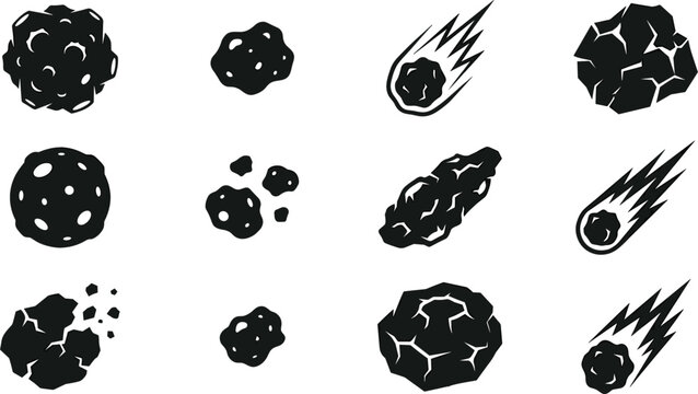 Black and White Asteroid and Meteorite Silhouette Icon Set with Flying Comets Falling Meteors and Space Rock Elements for Astronomy Graphic Designs