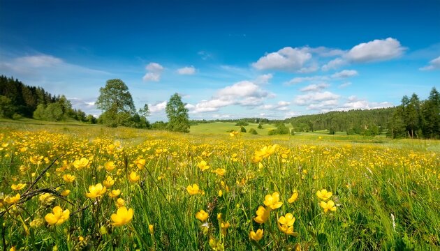 buttercups and ble sky on swedish summer meadow scandinavian midsummer