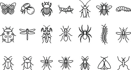 Insects and bugs vector icon set featuring butterfly dung beetle grasshopper cockroach bee ladybug dragonfly ant spider © MSTJANNATUN