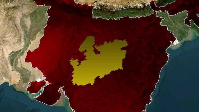 Cinematic Flight Across India Revealing Madhya Pradesh with Smooth Regional Map Focus Animation, Smooth Geographic Navigation Across India to Madhya Pradesh State.