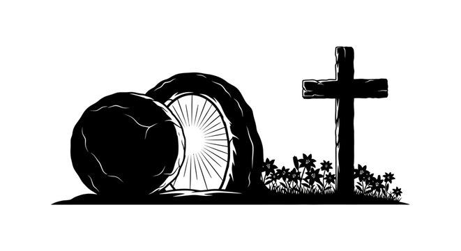 Black silhouette of an empty tomb with a cross with flowers white background depicts black resurrection spirituality tombstone religion with symbol