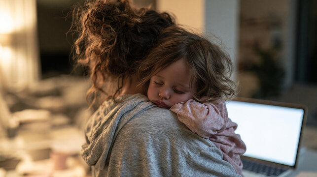 Working mother holding a sleeping child while sitting at a laptop in a home office. Remote work and parenting responsibilities come together in a modern family home environment.