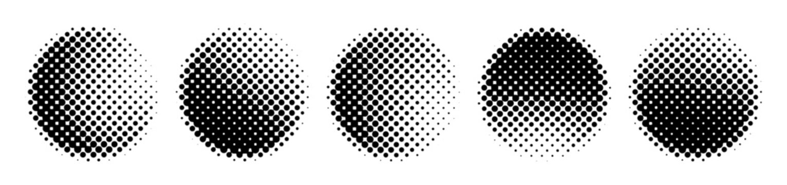 Abstract halftone spheres with smooth dot fade and volumetric shading. Monochrome geometric elements inspired by vintage newspaper printing and screenprint effects.