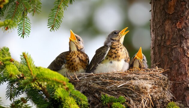 close up of fieldfare chicks sitting in nest in spruce tree pine tweeting sweden scandinavia