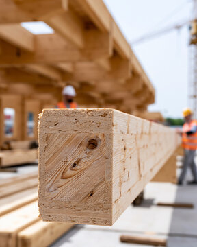 Wooden beams stand tall under bright sunlight. Worker in hard hat watches nearby, focused and calm. Another worker walks past, carrying tools, unbothered by the heat. The structure rises slowly