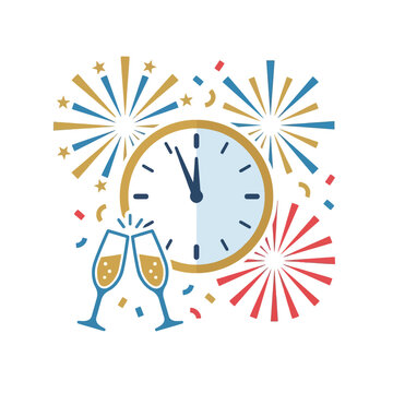 A golden clock strikes midnight with champagne glasses clinking below exploding fireworks