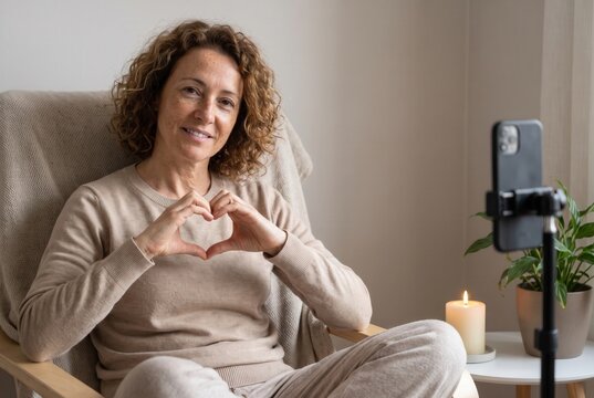 Woman making a heart gesture during a live stream or video call, smiling at camera
