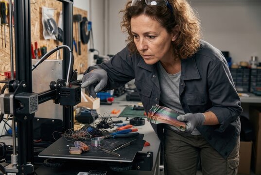 Woman focusing on adjusting a 3d printer in a workshop while holding a colorful prototyped object