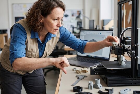 Engineer working on 3d printer, examining a printed prototype during product development