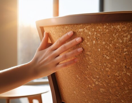 hand touching sustainable cork chair in warm sunlight
