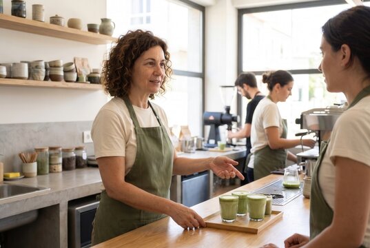 Baristas working at the counter, serving green matcha latte drinks in a contemporary tea house