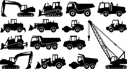 Heavy construction machinery silhouettes set including excavator bulldozer dump truck crane and loader icons for industrial building design © fulbabu
