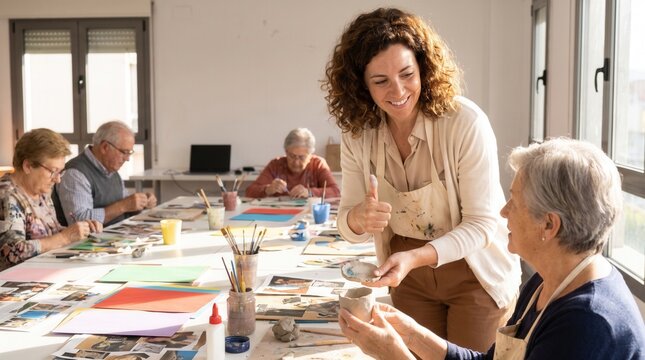 Teacher and senior woman creating ceramics together in a lively art class