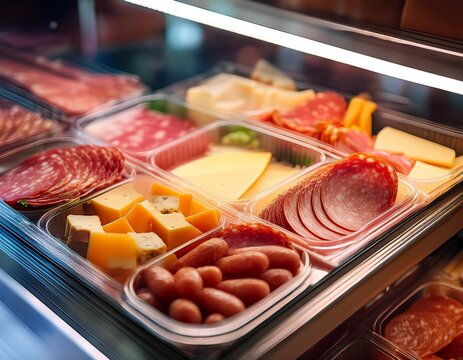 plastic container with charcuterie board assorted meat and cheese ready to serve and eat on display in supermarket