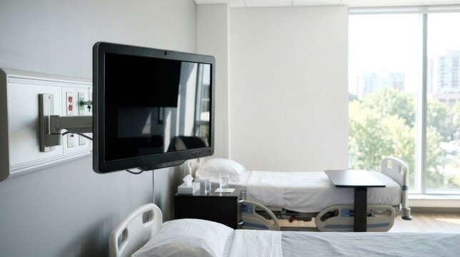 Modern hospital patient room with flat screen television and comfortable bed.