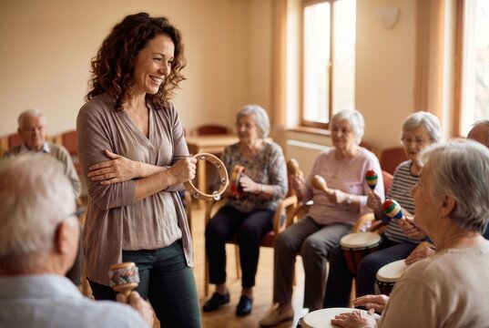 Woman leading a group of senior people participating in a music therapy session with instruments