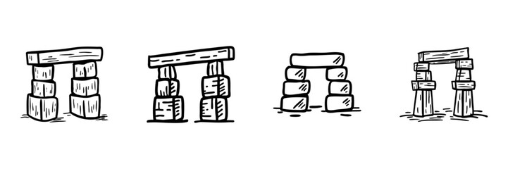 Fototapeta premium Stone Arch Structures In Hand Drawn Style Set. Architectural Doodle Sketch Collection. Historical And Cultural. Isolated Vector Illustration
