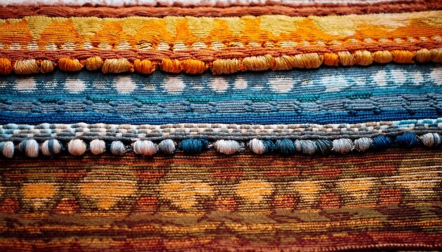 rag rug close up reused fabric brown yellow white blue and orange